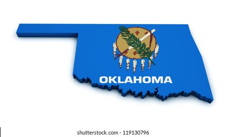 Shape 3d of Oklahoma map with flag isolated on white background.