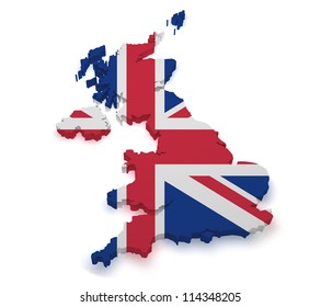 Shape 3d Of United Kingdom Map With Flag Isolated On White Background.