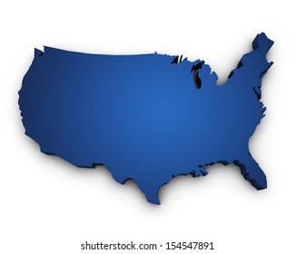 Shape 3d of USA United States Of America map colored in blue and isolated on white background.