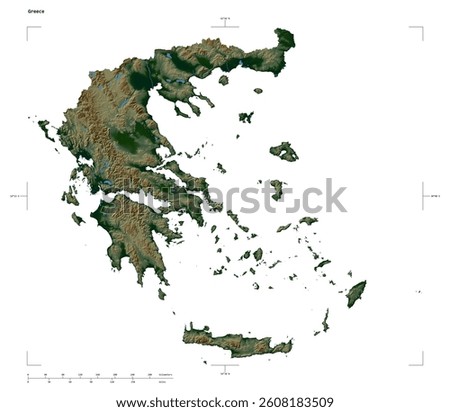 Shape of a Colored elevation map with lakes and rivers of the Greece, with distance scale and map border coordinates, isolated on white