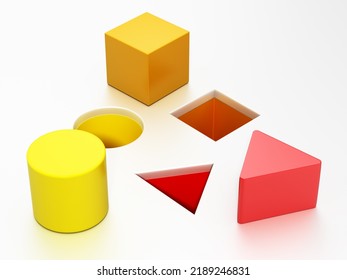 Shape sorter puzzle toy with square, circle and triangle shapes. 3D illustration.