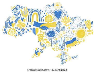 Shape of Ukraine map with ?oat of arms, peace symbols, doves, shape of heart, sunflowers, boho rainbow and flowers in national Ukraine flag colors. Blue and yellow Ukraine symbols.  Stand with Ukraine