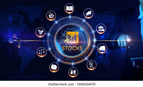 Share Market Icon Rotating Wheel Concept Rotating Wheel With Icon Surrounded By City And World Map Center And Spoke Concept