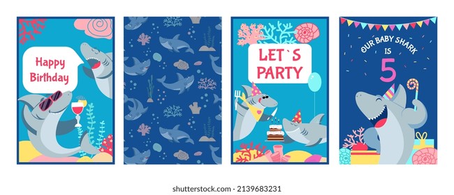 Shark cards. Cute character sharks, baby birthday invitation. Childish under sea posters, kids happy party banners. Festive animal decent design - Powered by Shutterstock