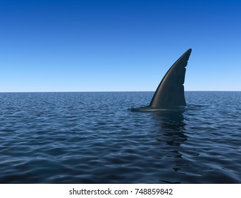 Shark Fin Over Sea Water Surface. Danger Concept. 3D Rendering.