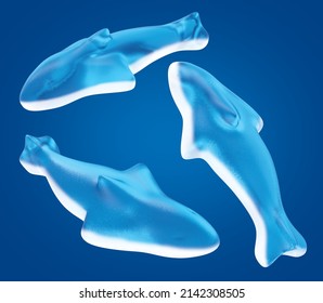 Shark Jelly Gummy Candy Set. Isolated On Blue Background Delicious Jelly Candy. 3d Illustration