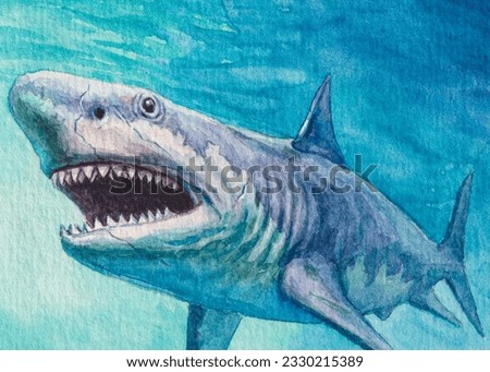 Shark. Open shark mouth with sharp teeth. Underwater wildlife. Blue ocean water. Watercolor painting. Acrylic drawing art. A piece of art. 