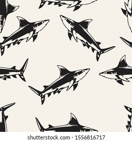 Sharks seamless pattern  Hand drawn underwater sea fish nautical japanese background 