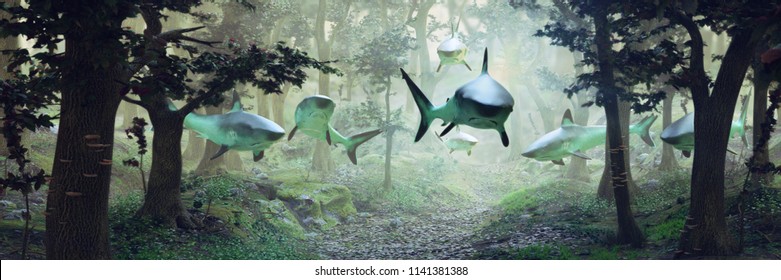 sharks swimming in forest, surrealistic scene with a group of sharks flying in foggy fantasy landscape, surreal 3d illustration banner