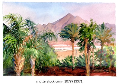 Sharm El Sheikh. Watercolor Tropical Landscape With Palm Trees And Mountains. Oasis In The Desert. 