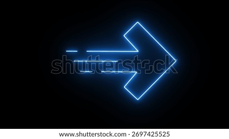 A sharp blue neon arrow, accented with trailing motion lines, streaks across a black background, symbolizing forward movement, speed, and direction.