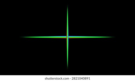 Sharp green spectral cross star flare on flat black background