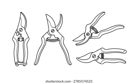 A sharp mechanical metal pruning shear rests securely upon a flat surface in this sketch. The composition ensures subjects remain a bit distant, allowing proper alignment in modern vertical media formats. This highly practical botanical illustration brilliantly highlights essential outdoor gardening maintenance, beautiful floral horticulture, and agriculture.