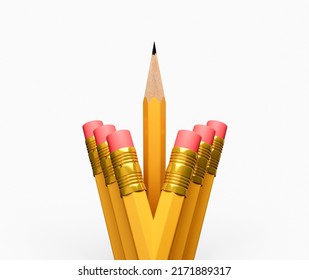 A Sharp pencil among pencil erasers  One sharpened pencil standing out from the blunt ones 3d illustration