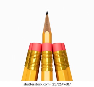 A Sharp pencil among pencil erasers  One sharpened pencil standing out from the blunt ones 3d illustration
