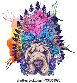 Sharpei Dog Portrait With Native American Indian Chief Headdress. Hand Drawn Raster Illustration For Your Blog, Logo And Other Design.