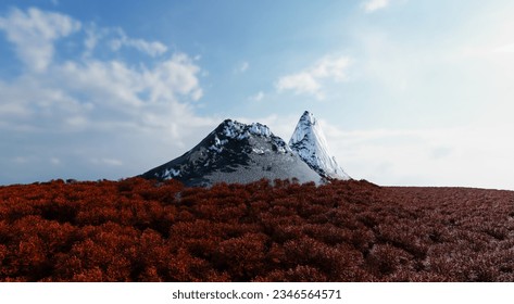 The sharp-shaped mountain is surrounded by a dense forest of lush trees with a backdrop of the sky and clouds. 3d rendering.