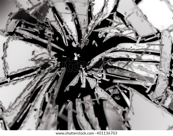 Shattered or broken glass Pieces isolated on black\
with shallow\
DOF