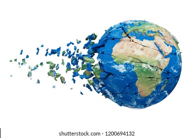 Shattering Earth globe 3d realistic illustration. Destroying cracked world sphere with particles, fragments. Planet model with explosion effect. Ecological catastrophe. Raster design element