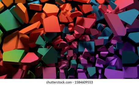 Shattering Structure, Exploding Elements In Blue, Multicolored. 3D Render Or Rendering.