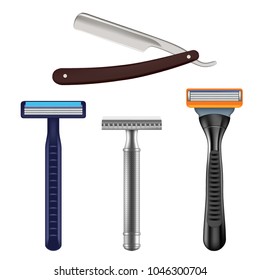 Shaving Razor Mockup Set. Realistic Illustration Of Straight Razor With Brown Handle And Color Wet Shave Razors For Men.