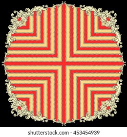 Shawl baroque elements pattern. Decorative square frame in oriental style. Pattern shawl in baroque style yellow and red on the black background. Spring Summer inspiration stripes