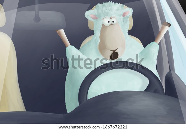 Sheep has released a\
rudder. Comic illustration about critical situation on road or who\
and how drive car.