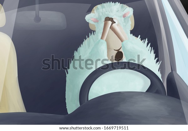 Sheep has released a\
rudder. Comic illustration about critical situation on road or who\
and how drive car.