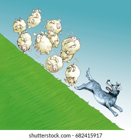 A Sheep Of Rolling Sheep On A Hill Sweeps A Wolf In Flight