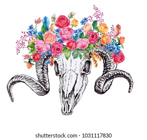 Sheep Skull Flowers Watercolor Illustration Stock Illustration 1031117830