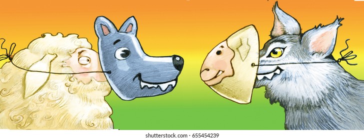 Sheep With Wolf Mask And Wolf With Sheep Mask Facing Each Other