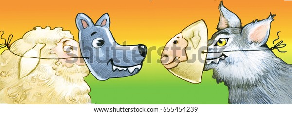 Sheep with wolf mask and wolf with sheep mask\
facing each other