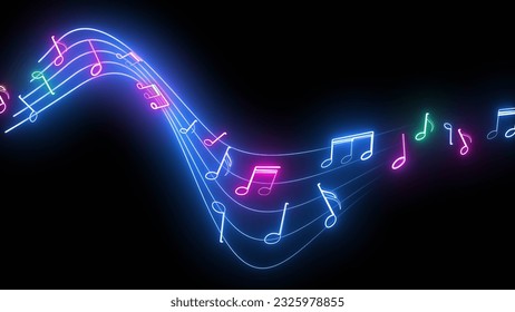 sheet music neon lines illustration with glowing purple and bubbles in background on black backdrop. Modern futuristic picture in retro old fashioned 80s style - Powered by Shutterstock