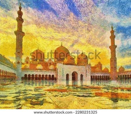 Sheikh Zayed Grand Mosque in the golden rays of the setting sun, Abu Dhabi, United Arab Emirates. Impressionist oil painting, digital imitation of Van Gogh painting style
