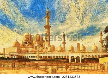 Sheikh Zayed Grand Mosque in the golden rays of the bright sun, Abu Dhabi, United Arab Emirates. Impressionist oil painting, digital imitation of Van Gogh painting style