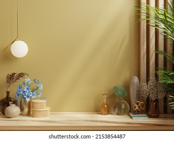 Shelf Mockup In Modern Empty Room,dark Yellow Wall.3d Rendering