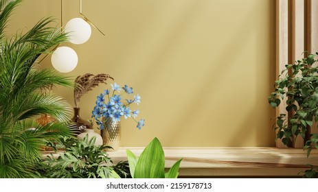 Shelf Mockup In Nature Room,dark Yellow Wall.3D Rendering