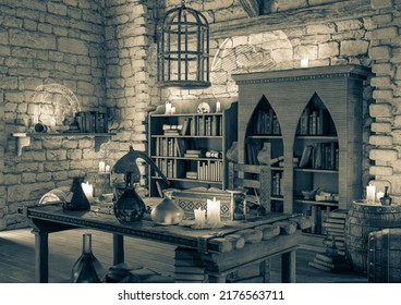 Shelf On Alchemy Lab Background Scene Two, 3d Illustration