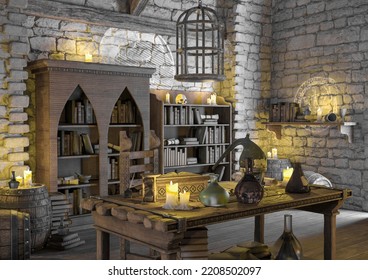 Shelf On Alchemy Lab Background Scene Two, 3d Illustration