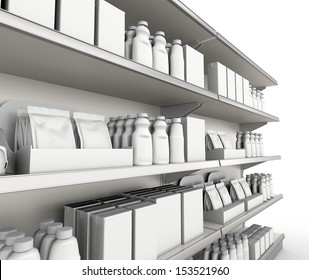 Shelf With Products Or Goods. Render