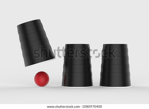 シェルゲーム 3つの黒いカップと1つの赤いボール 明るいグレーの背景 背景 3dイラスト のイラスト素材