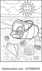 Shells On The Beach Sand Happy Summer Holiday Line Art And Coloring Page 