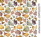   Shells, seaweed, jellyfish, anchor, marine life, starfish and coral. Seamless watercolor pattern made by hand. Scrapbooking, memories. Also suitable for decorating your photo album.