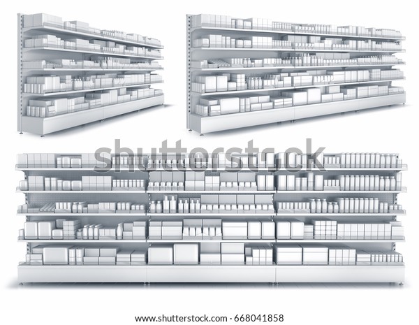 店の中に空の商品が入った棚 白い背景に3d画像のセット のイラスト素材