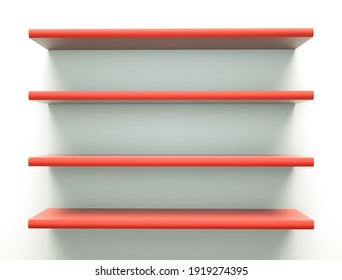 Shelves Isolated on Wall Background.
Five shelves on the wall with light and shadow in empty white room.3D rendering