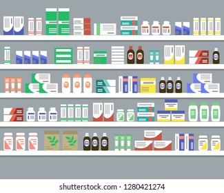 Shelves With Medicines. Objects For A Pharmacy Interior. Raster