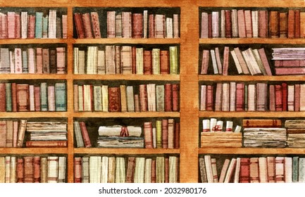 Shelves with old books and scrolls.  An old library painted in watercolor. Cabinets with ancient scrolls, folios and manuscripts.