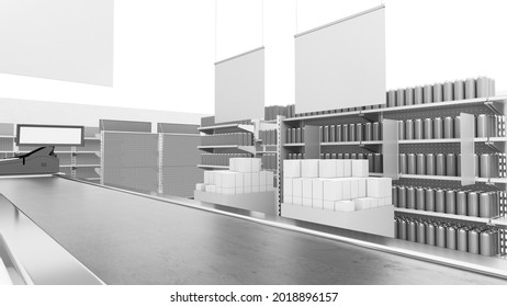 Shelves With Products, Supermarket Interior With Blank Banners And Cash Register Counter, Cashier Checkout , 3d Render