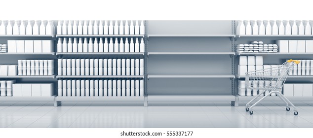 Shelves In The Supermarket With Cart. 3D Rendering