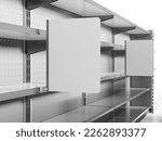 Shelves in supermarket, White shelf-stoppers in store,  perspective view, 3D rendering	